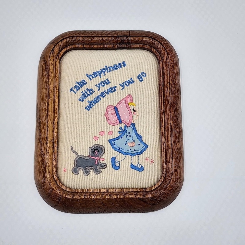 Vintage Russ Take Happiness with You Wherever You Go Framed Embroidered Plaque